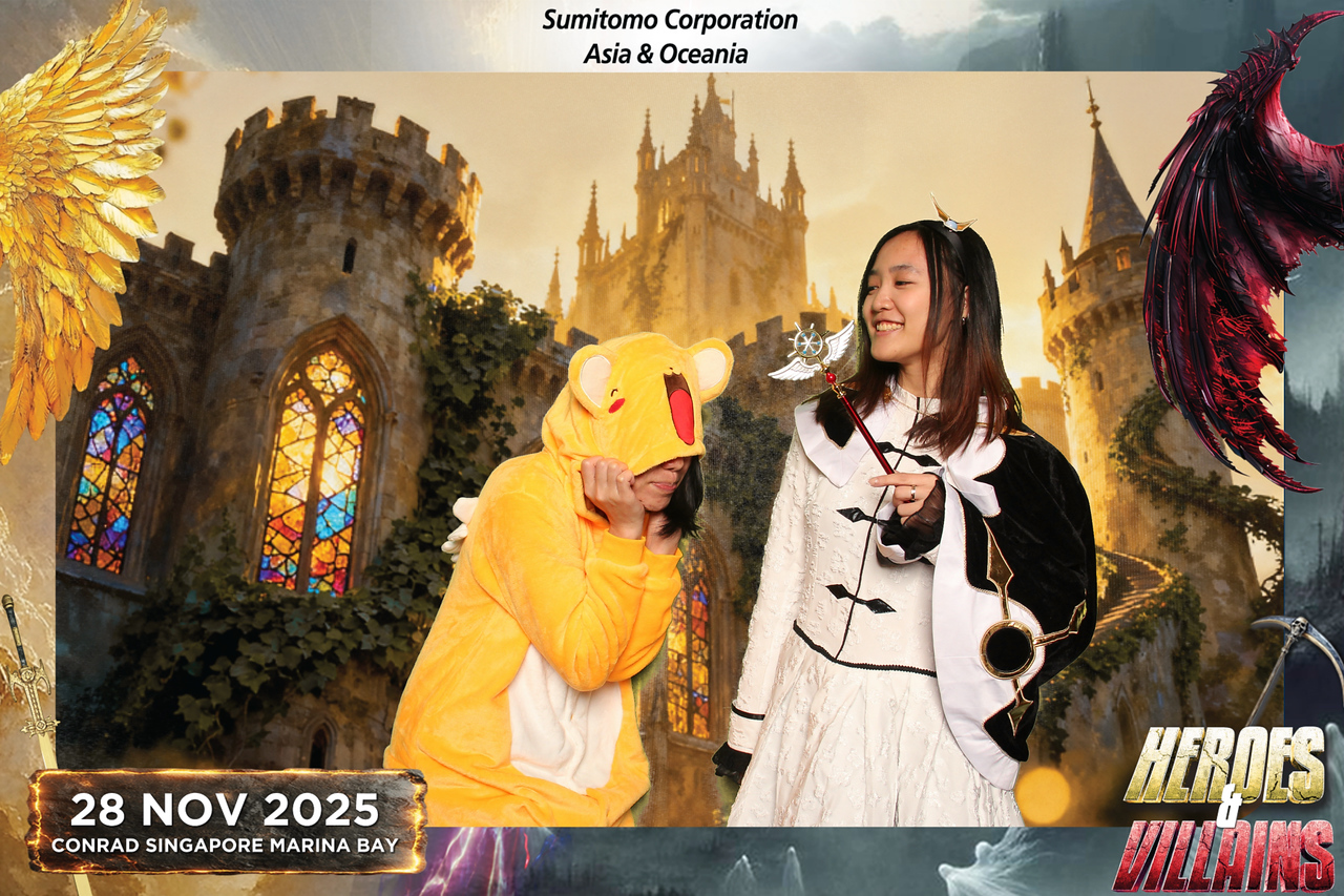 Guests in costumes at Sumitomo Corporation’s 2025 dinner and dance photo booth
