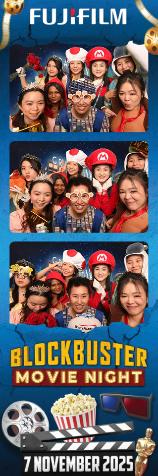 Three-photo FUJIFILM Blockbuster Movie Night bookmark strip with colourful costumes and blue cinema-themed artwork