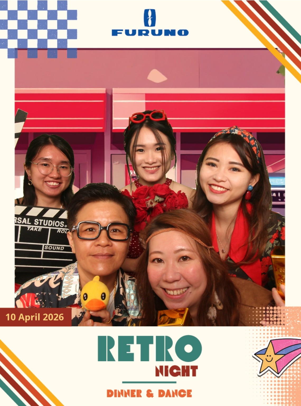Five guests with colourful props in FURUNO’s Retro Night 2026 photo booth print